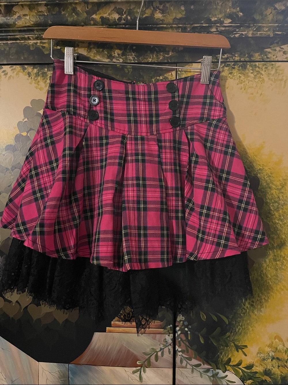Hot Topic Pink Plaid Circle Skater Skirt with Black Lace Hem